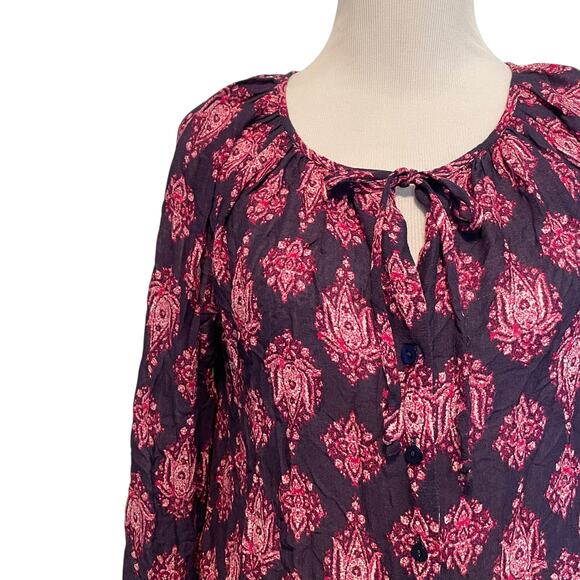 Lucky Brand Border Top Womens Small Purple Pink Paisley Boho Tie-Neck Blouse - Picture 4 of 10